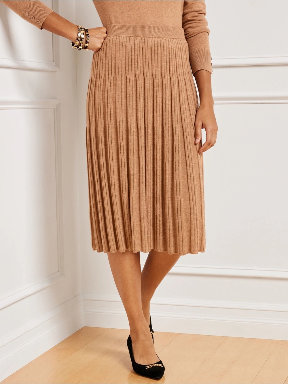Talbots 100% Merino Wool Camel Pleated Knit Midi Skirt - XL - NWT